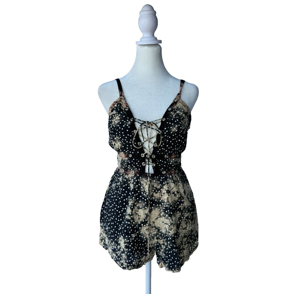 Millau Romper M Black Tan Acid Wash Heart Print Lace Up Grunge Goth Fairy Core